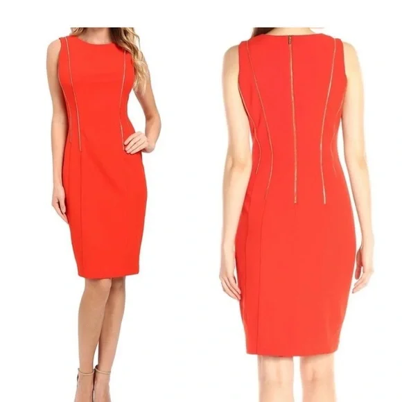 Calvin Klein | Dresses | Calvin Klein Red Sleeveless Sheath Dress With  Striking I Gold Zipper Accent | Poshmark